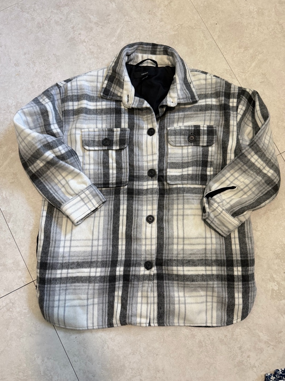 Forever 21 Oversized Gray & White Plaid Utility Shacket